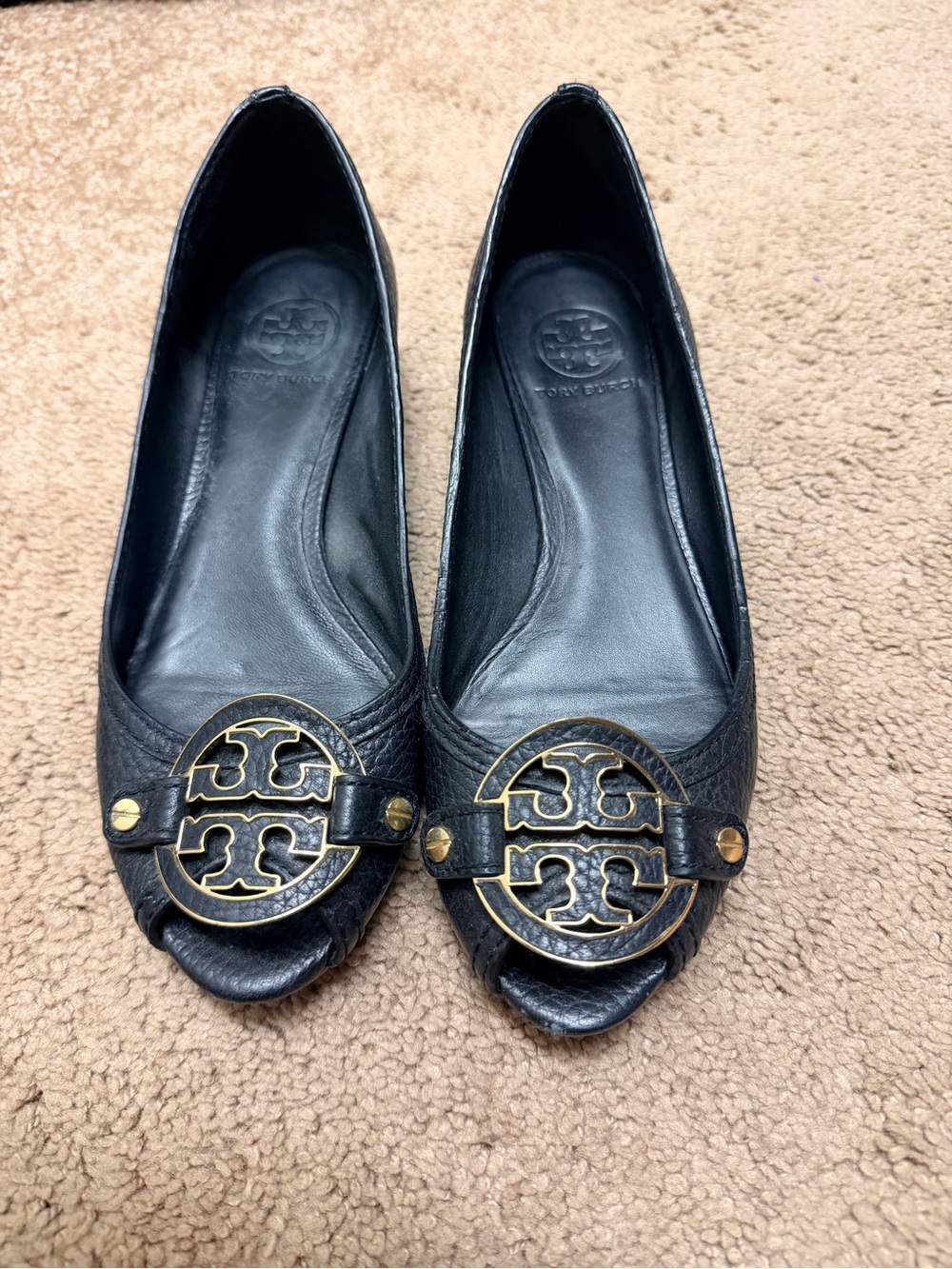 Vintage Tory Burch Black Leather Wedges Flats with Gold Accent